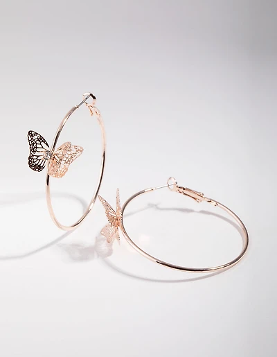Rose Gold Diamante Butterfly Hoop Earrings