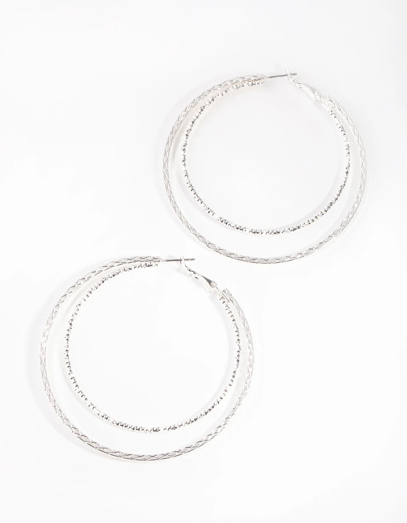 Silver Textured Double Hoop Earrings