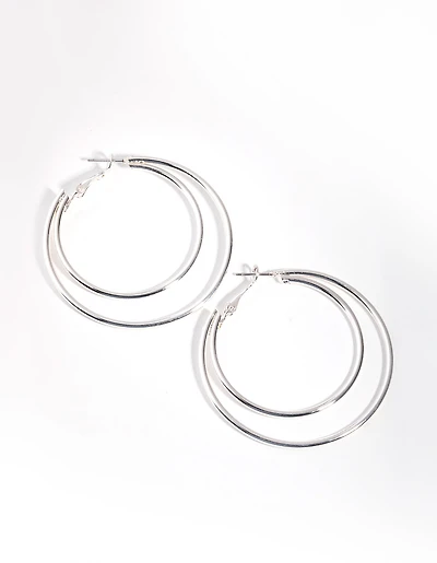 Silver Plain Double Hoop Earrings