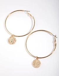 Gold Coin Drop Hoop Earrings