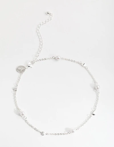 Silver Faux Pearl Heart Choker