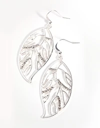 Silver Diamante Tree Leaf Drop Earrings