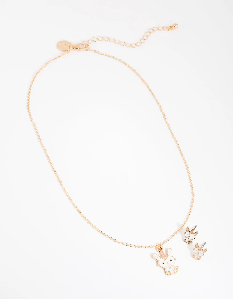 Kids Gold Bunny Necklace & Earrings Set