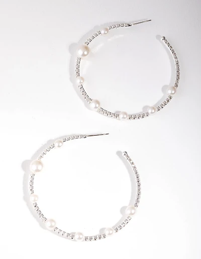 Silver Pearl & Diamante Hoop Earrings