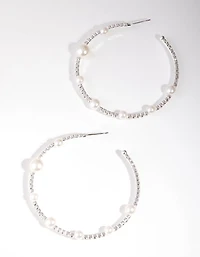 Silver Pearl & Diamante Hoop Earrings