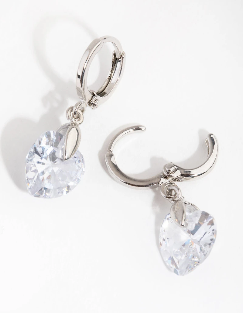 Silver Diamond Simulant Heart Huggie Earrings