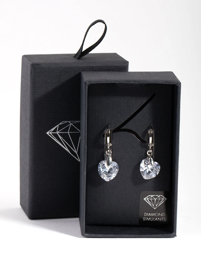 Silver Diamond Simulant Heart Huggie Earrings