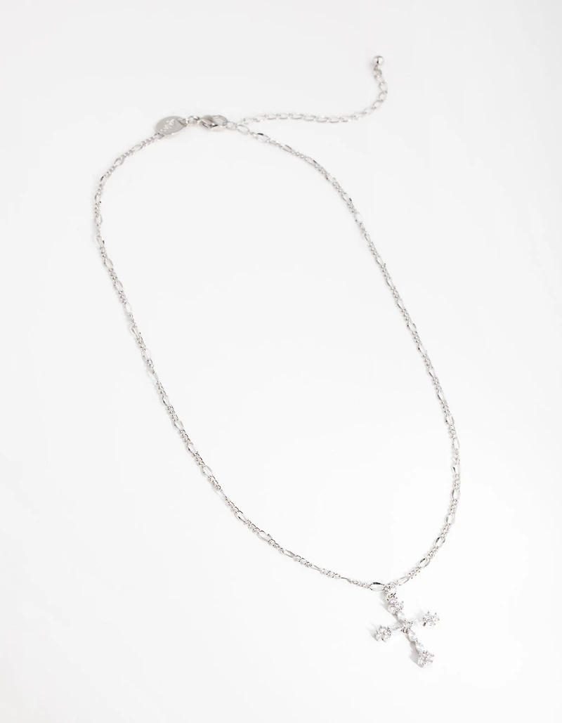 Silver Diamond Simulant Decorated Cross Necklace