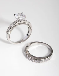 Silver Diamond Simulant Engagement & Wedding Pack Rings