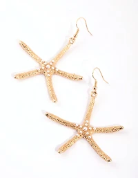 Gold Pearl Starfish Drop Earrings