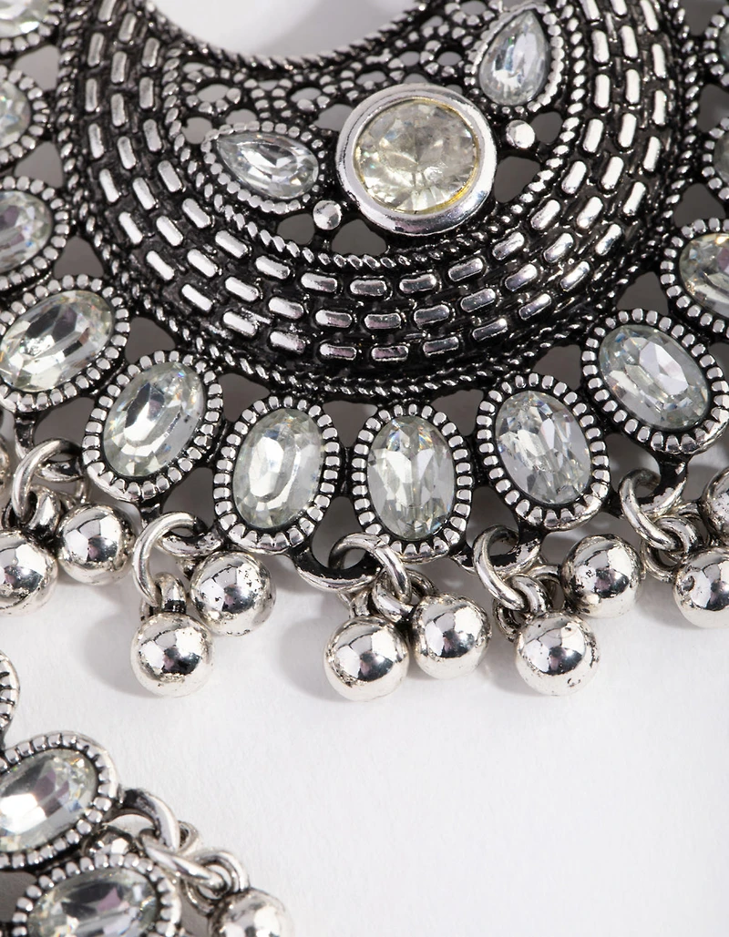 Antique Silver Diamante Drop Chandbali Earrings