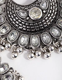 Antique Silver Diamante Drop Chandbali Earrings