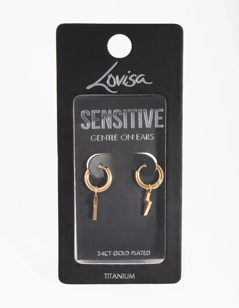 24 Carat Gold Plated Titanium Lightning Huggie Earrings