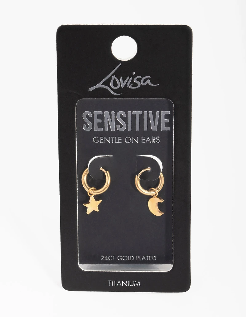 24 Carat Gold Plated Titanium Star & Moon Huggie Earrings