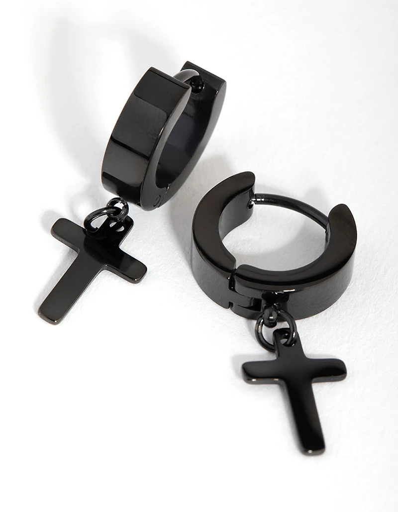 Black Coated Metal Surgical Steel Cross Huggie Earrings