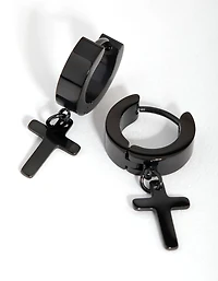 Black Coated Metal Surgical Steel Cross Huggie Earrings