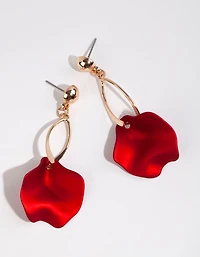 Gold Red Pearlised Petal Drop Earrings