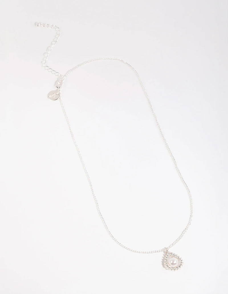 Silver Diamante Open Pear Pearl Necklace