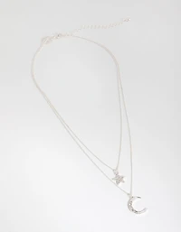 Silver Diamante Moon & Star Necklace