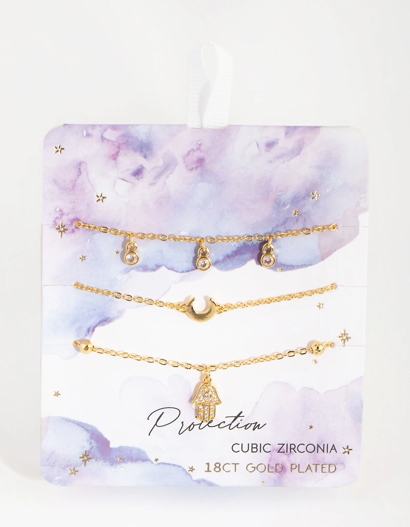 18ct Gold Plated Cubic Zirconia Hamsa & Moon Bracelet Set