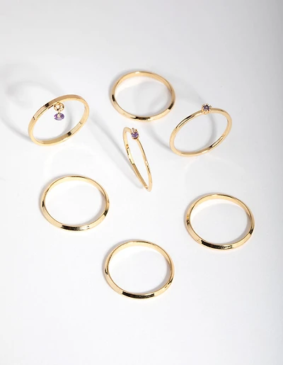 18ct Gold Plated February Amethyst Cubic Zirconia Ring 7-Pack