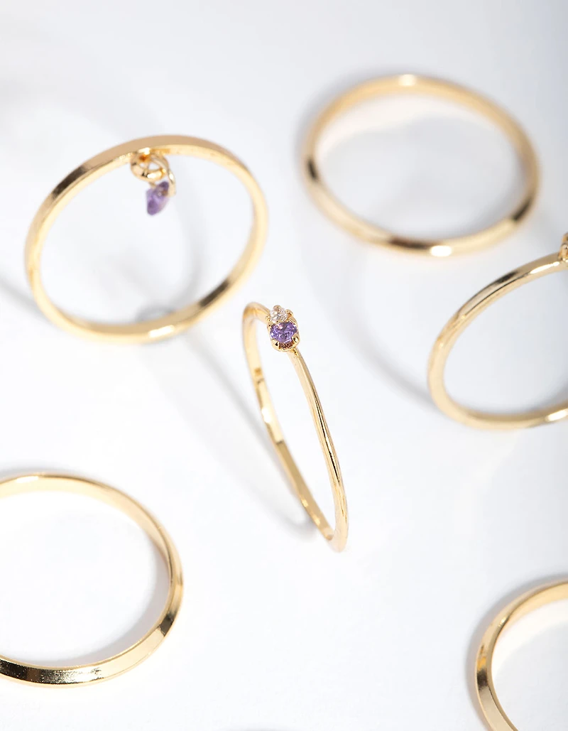 18ct Gold Plated February Amethyst Cubic Zirconia Ring 7-Pack