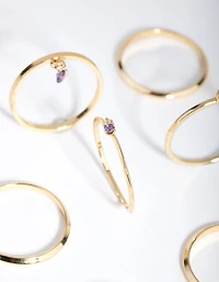 18ct Gold Plated February Amethyst Cubic Zirconia Ring 7-Pack