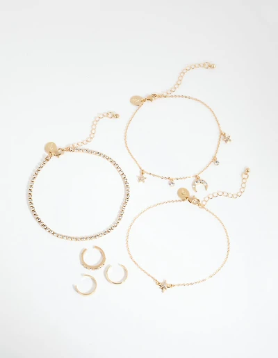 Gold Moon Anklet & Toe Ring 6-Pack Set