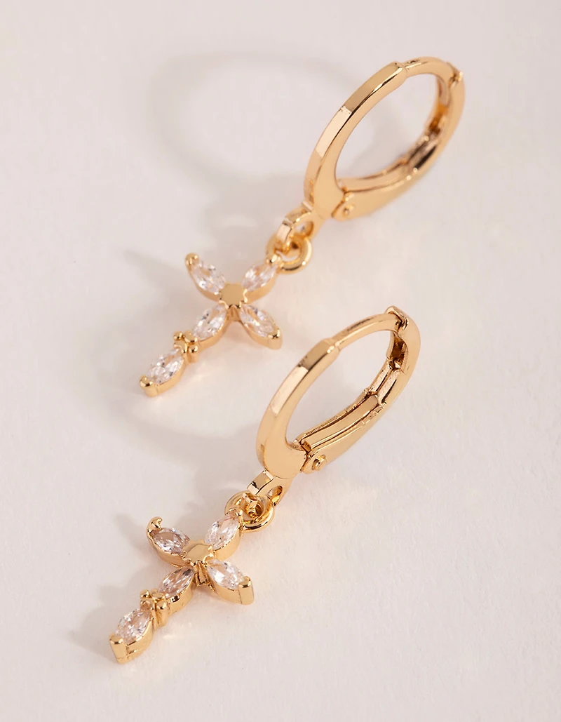 Gold Diamante Cross Huggie Earrings