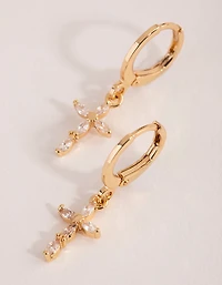 Gold Diamante Cross Huggie Earrings