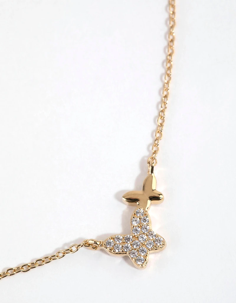 Collier papillon double pavé en argent sterling plaqué or