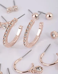 Rose Gold Plain Diamante Stud Earring Pack