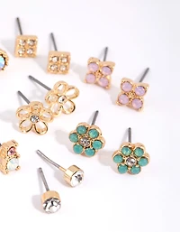 Gold Flower & Diamante Stud Earring Pack