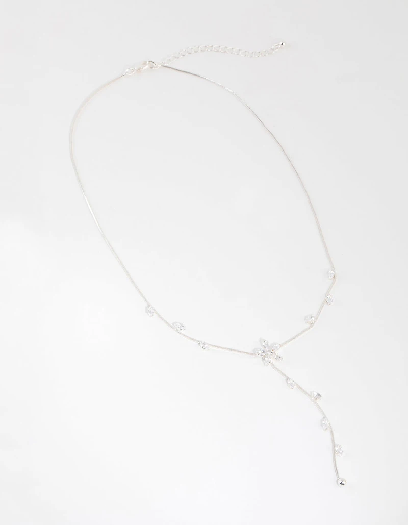 Silver Cubic Zirconia Flower Vine Y Necklace