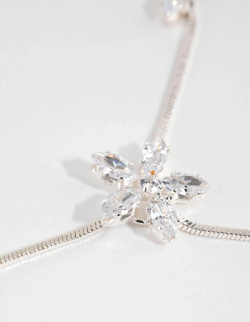 Silver Cubic Zirconia Flower Vine Y Necklace