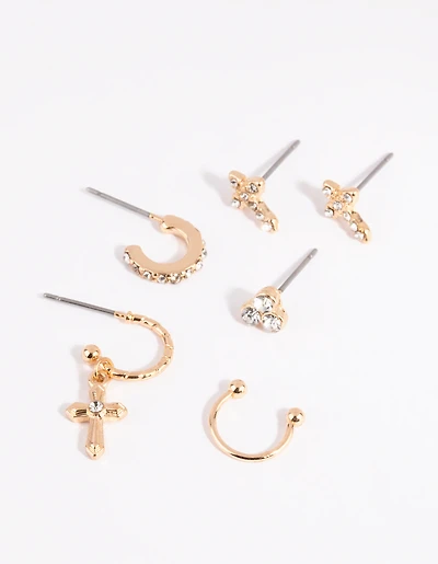 Gold Cross & Diamante Ear Cuff Stack 6-Pack