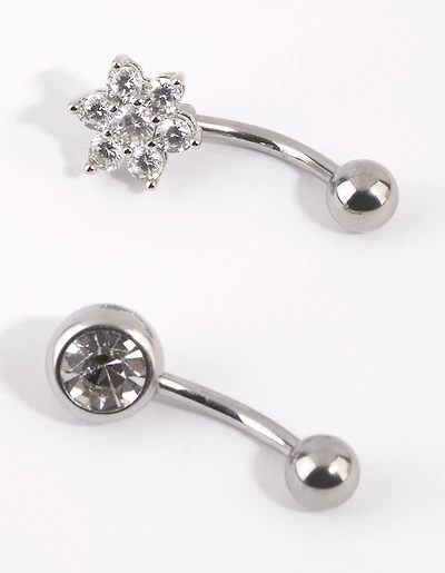 Surgical Steel Flower Diamante Belly Bar Set