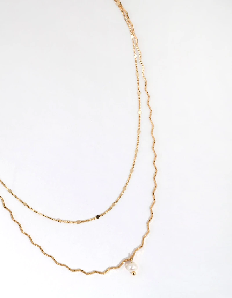 Gold Plated Wave Chain & Freshwater Pearl Layered Necklace