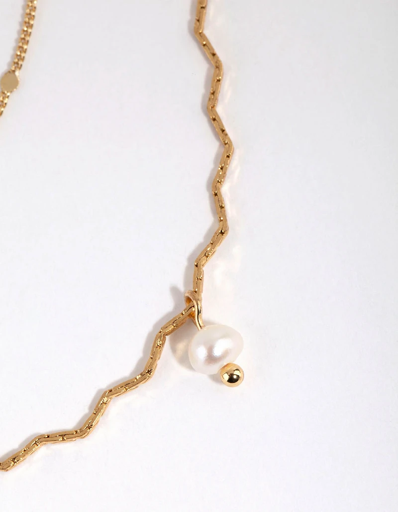 Gold Plated Wave Chain & Freshwater Pearl Layered Necklace