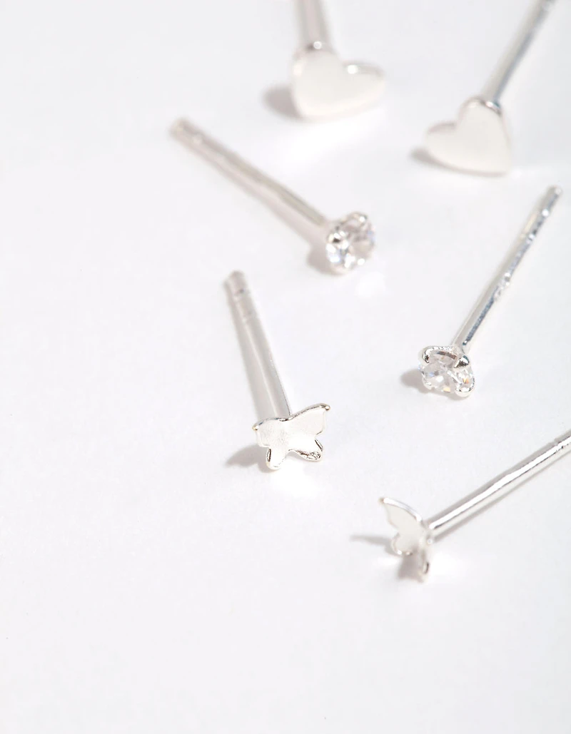 Sterling Silver Heart & Butterfly Stud Earring Pack