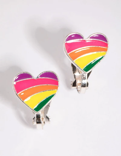 Silver Rainbow Heart Clip-On Earrings