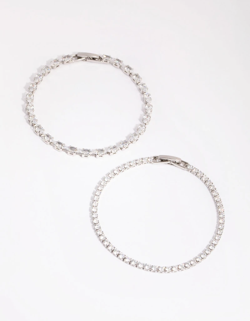 Silver Diamond Simulant Mixed Stone Bracelet Set