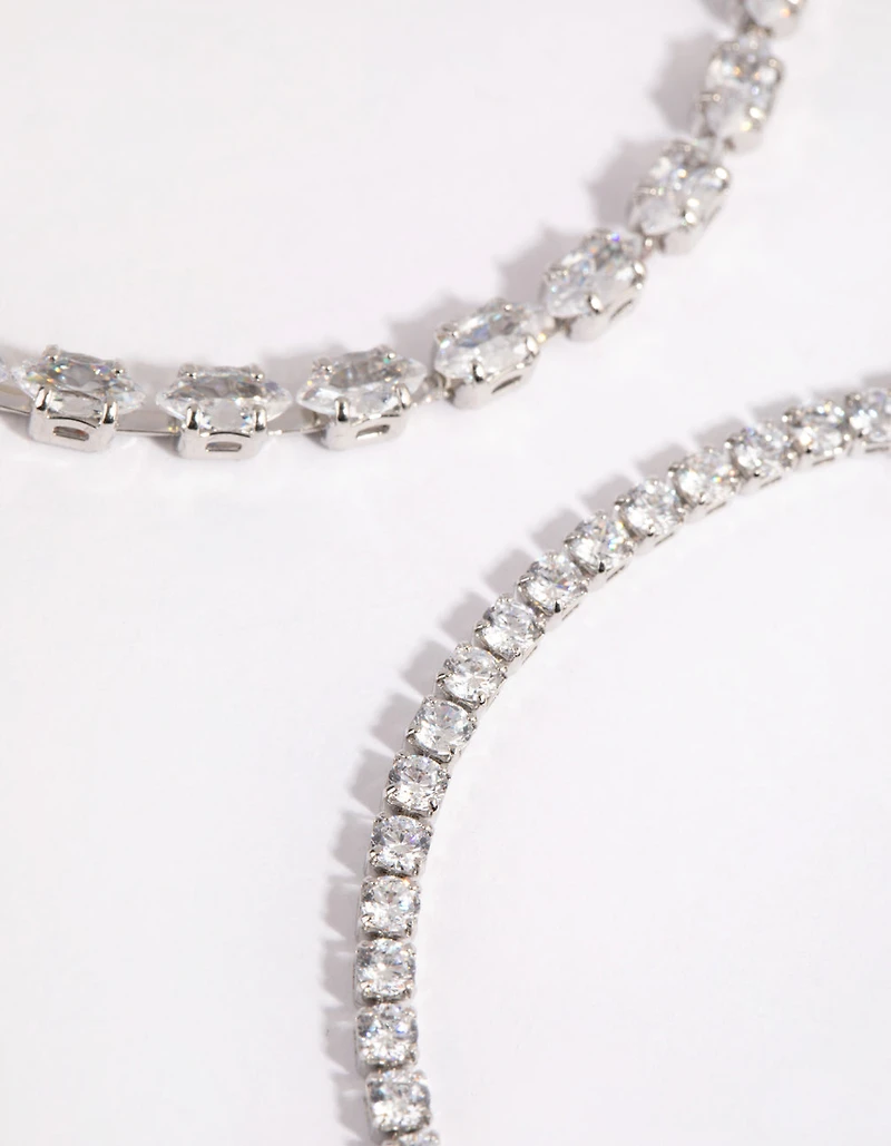 Silver Diamond Simulant Mixed Stone Bracelet Set