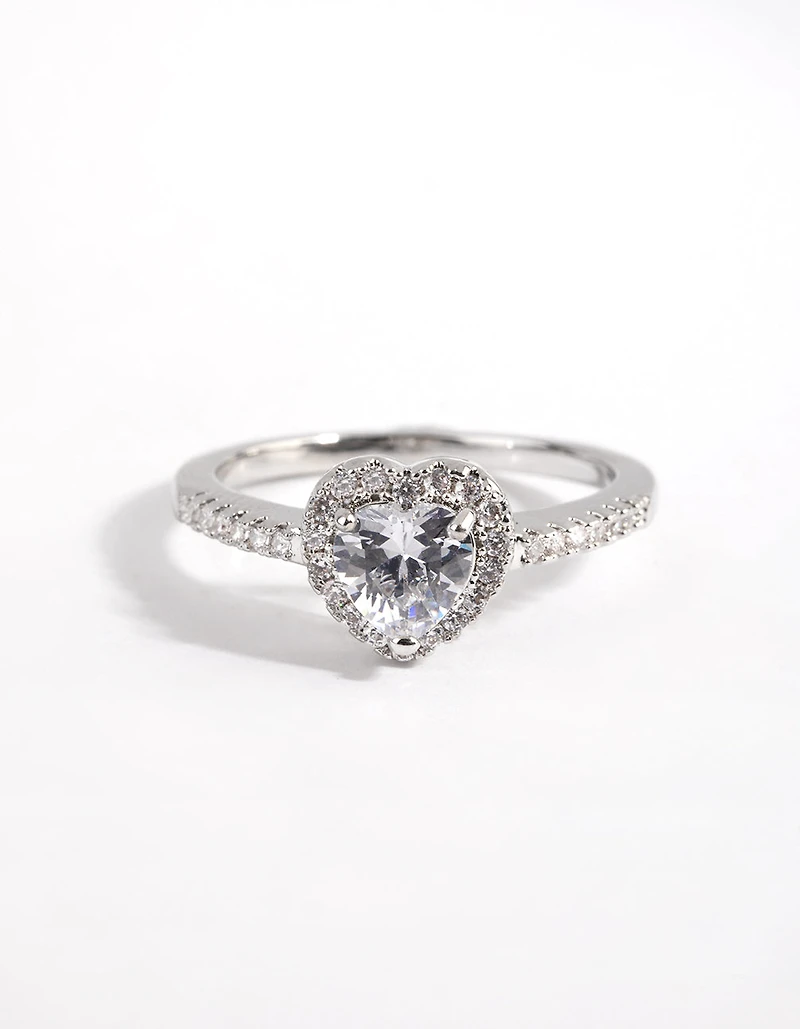 Rhodium Diamond Simulant Heart Halo Ring