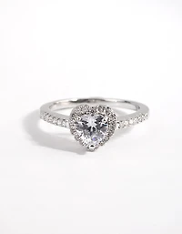 Rhodium Diamond Simulant Heart Halo Ring