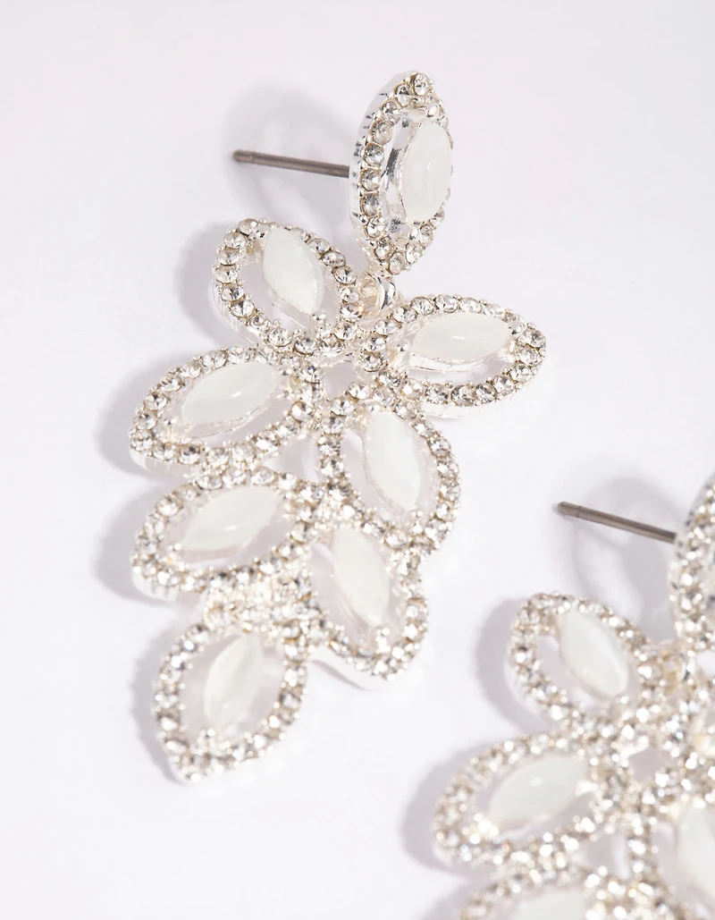 Silver Flower Cut Out Diamante Drop Earrings