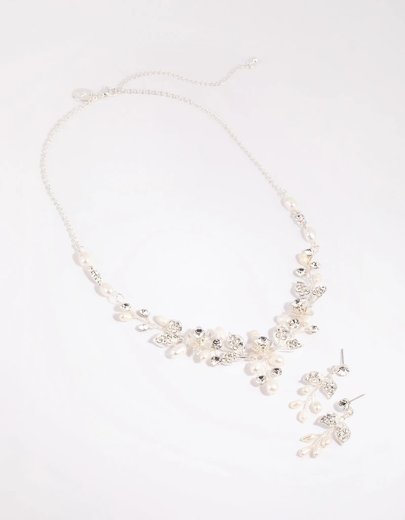 Silver Diamante & Pearl Wire Necklace & Earrings Set