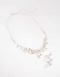 Silver Diamante & Pearl Wire Necklace & Earrings Set