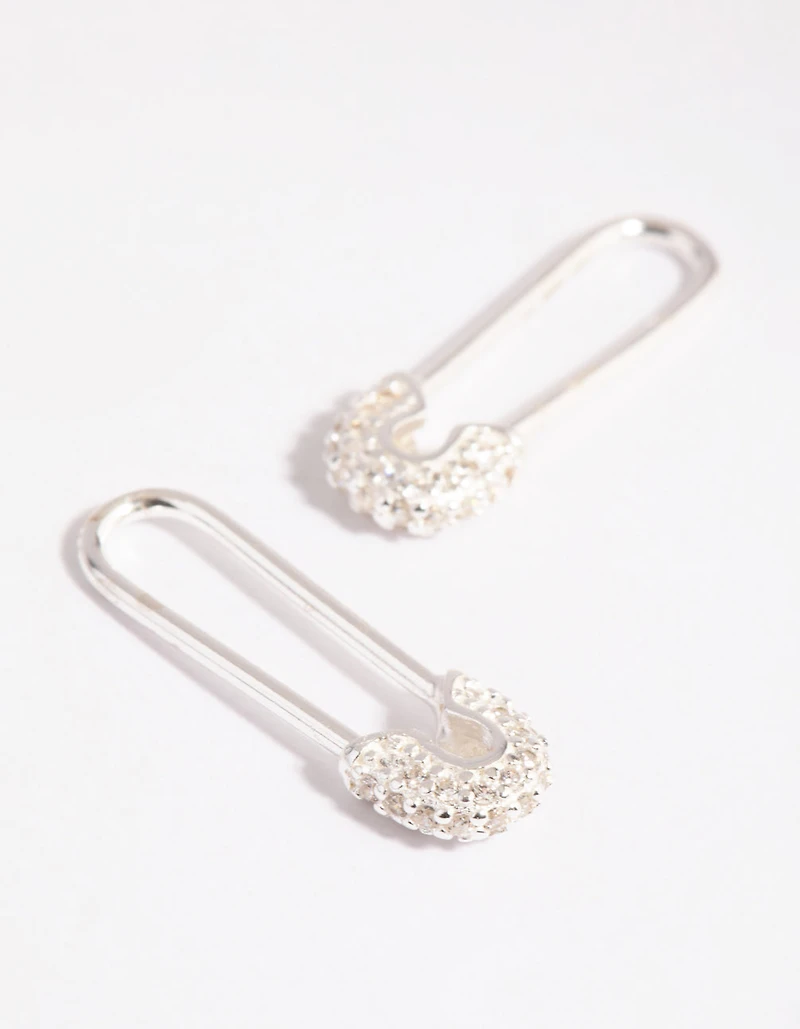 Sterling Silver Pave Safety Pin Earrings
