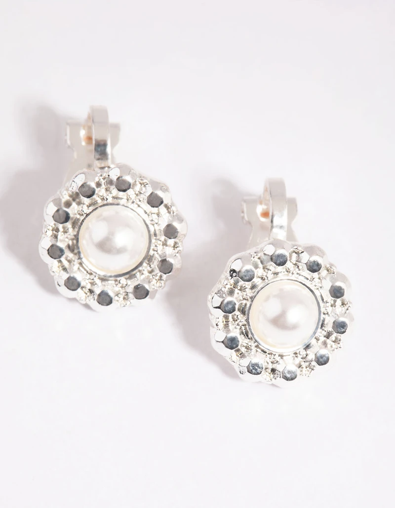Silver Pearl & Diamante Clip On Earrings